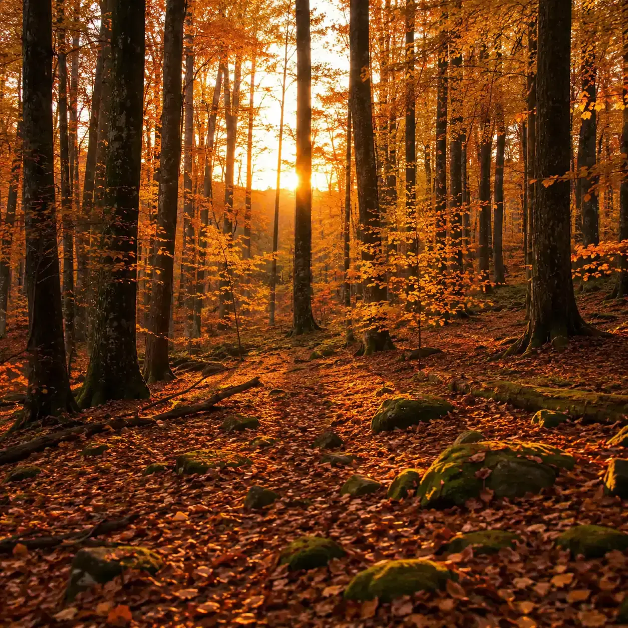 Bosque otoñal iluminado por el sol, símbolo de un nuevo comienzo